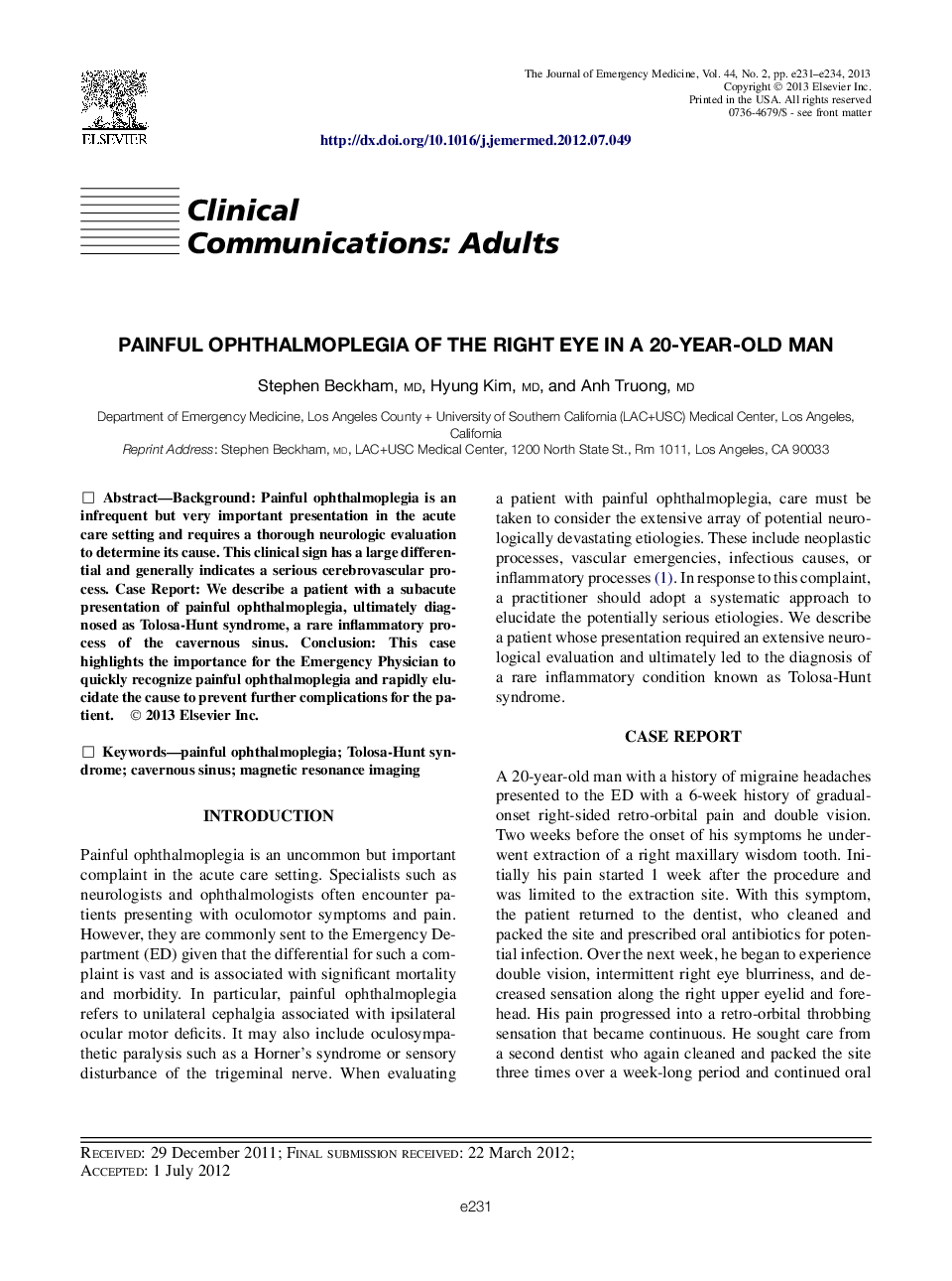 Painful Ophthalmoplegia of the Right Eye in a 20-Year-Old Man