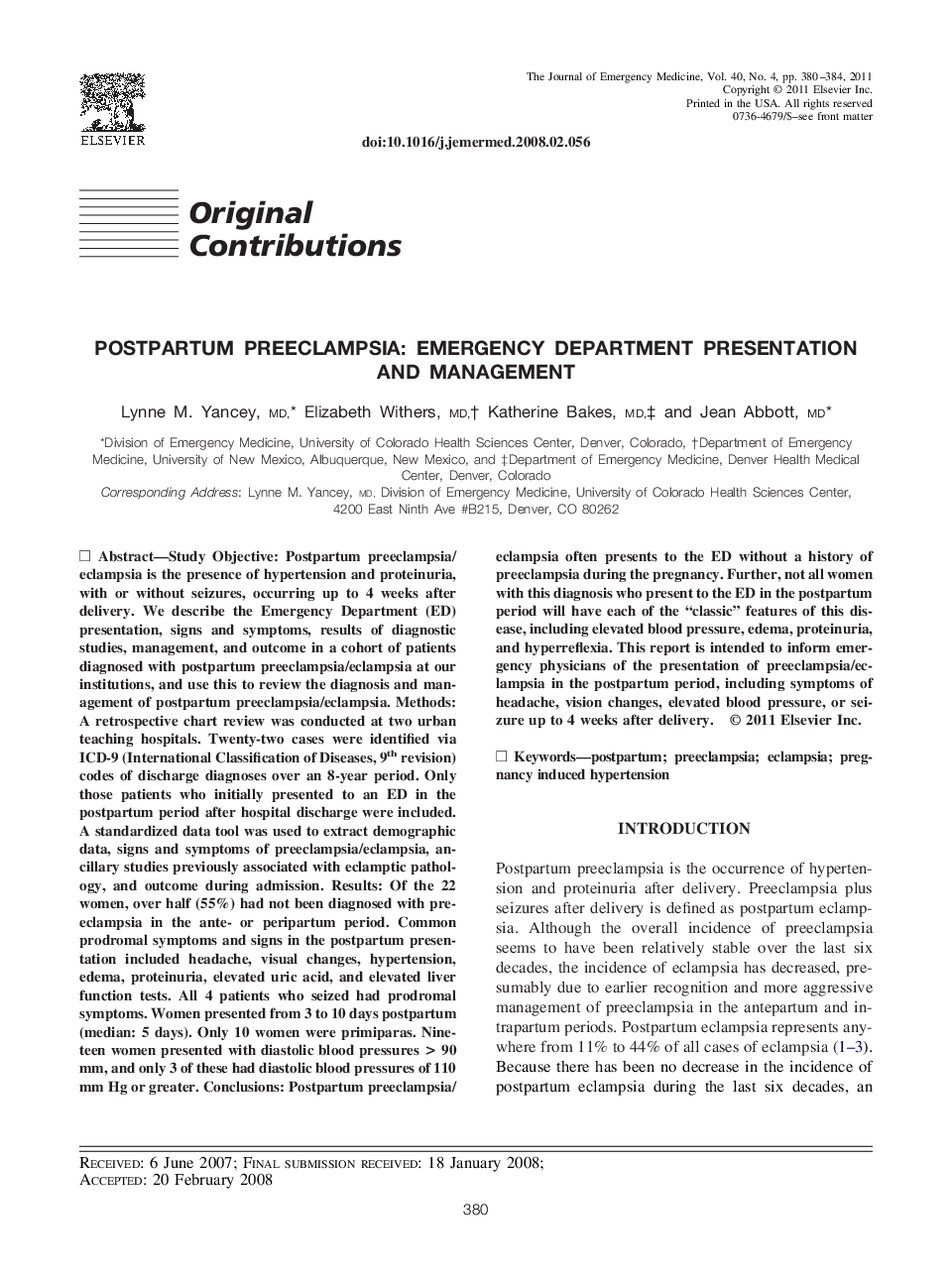 Postpartum Preeclampsia: Emergency Department Presentation and Management