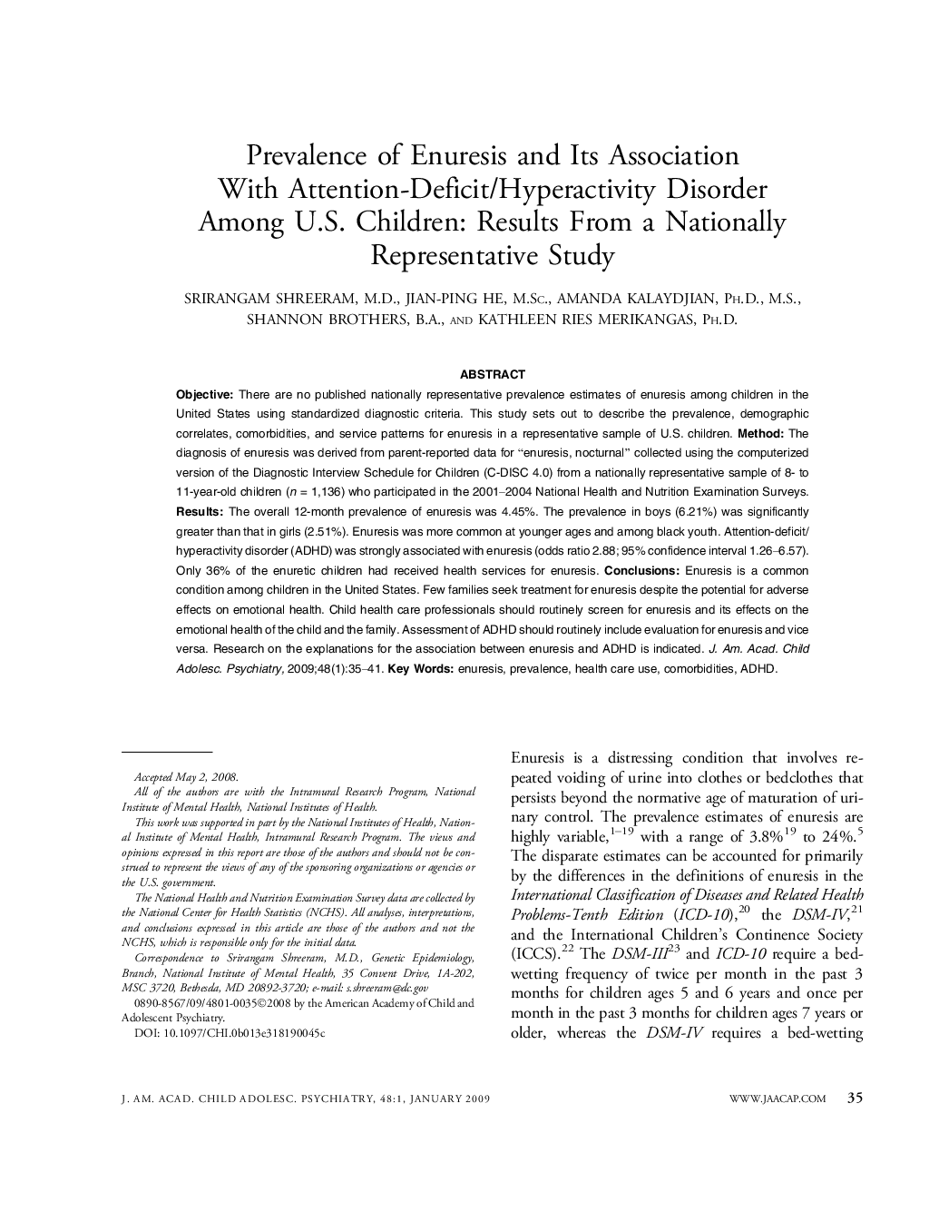 Prevalence of Enuresis and Its Association With Attention-Deficit/Hyperactivity Disorder Among U.S. Children: Results From a Nationally Representative Study 