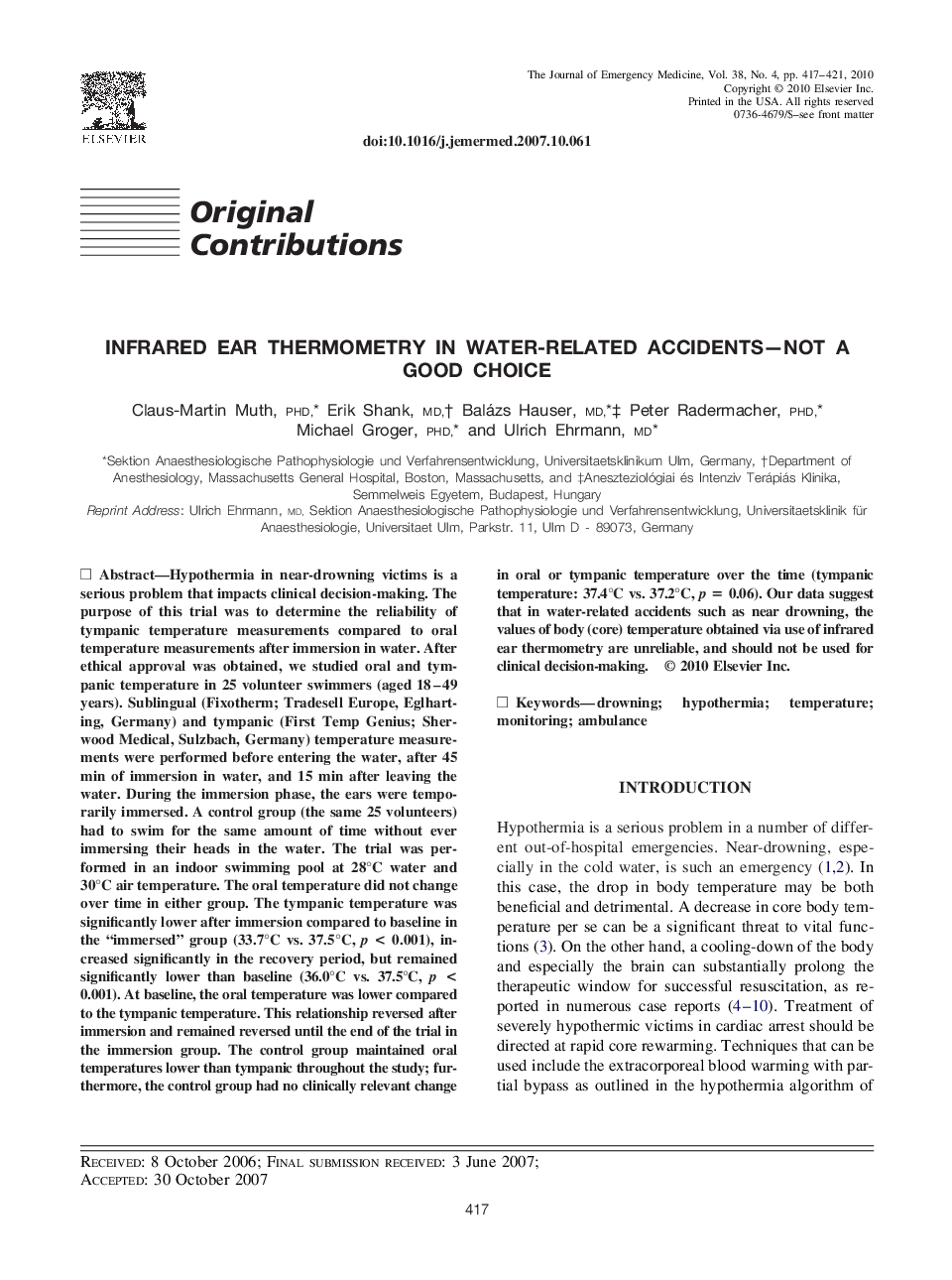 Infrared Ear Thermometry in Water-Related Accidents—Not a Good Choice