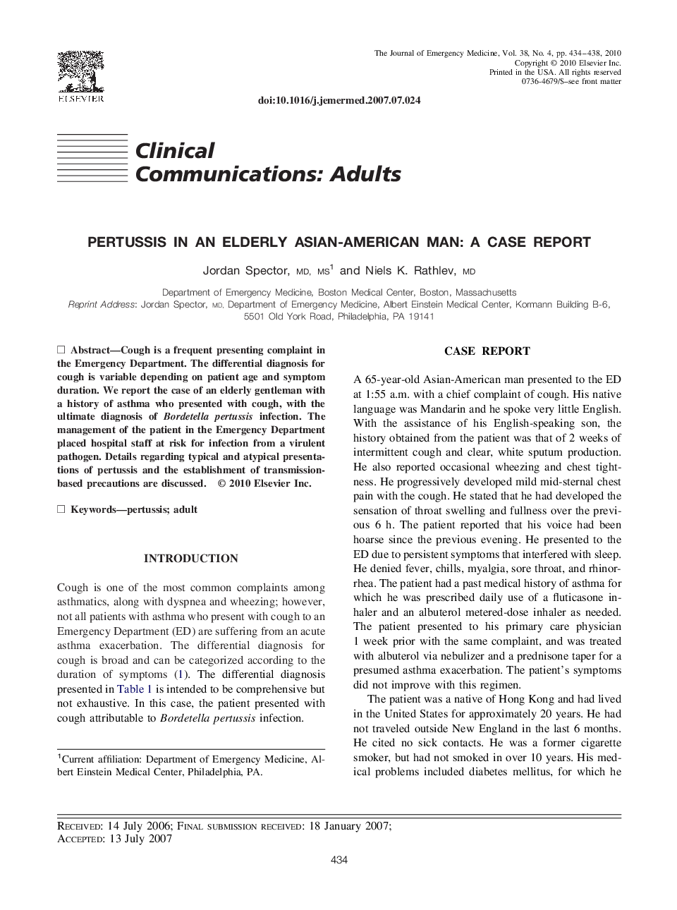 عکس صفحه اول مقاله: Pertussis in an Elderly Asian-American Man: A Case Report Pertussis in an Elderly Asian-American Man: A Case Report