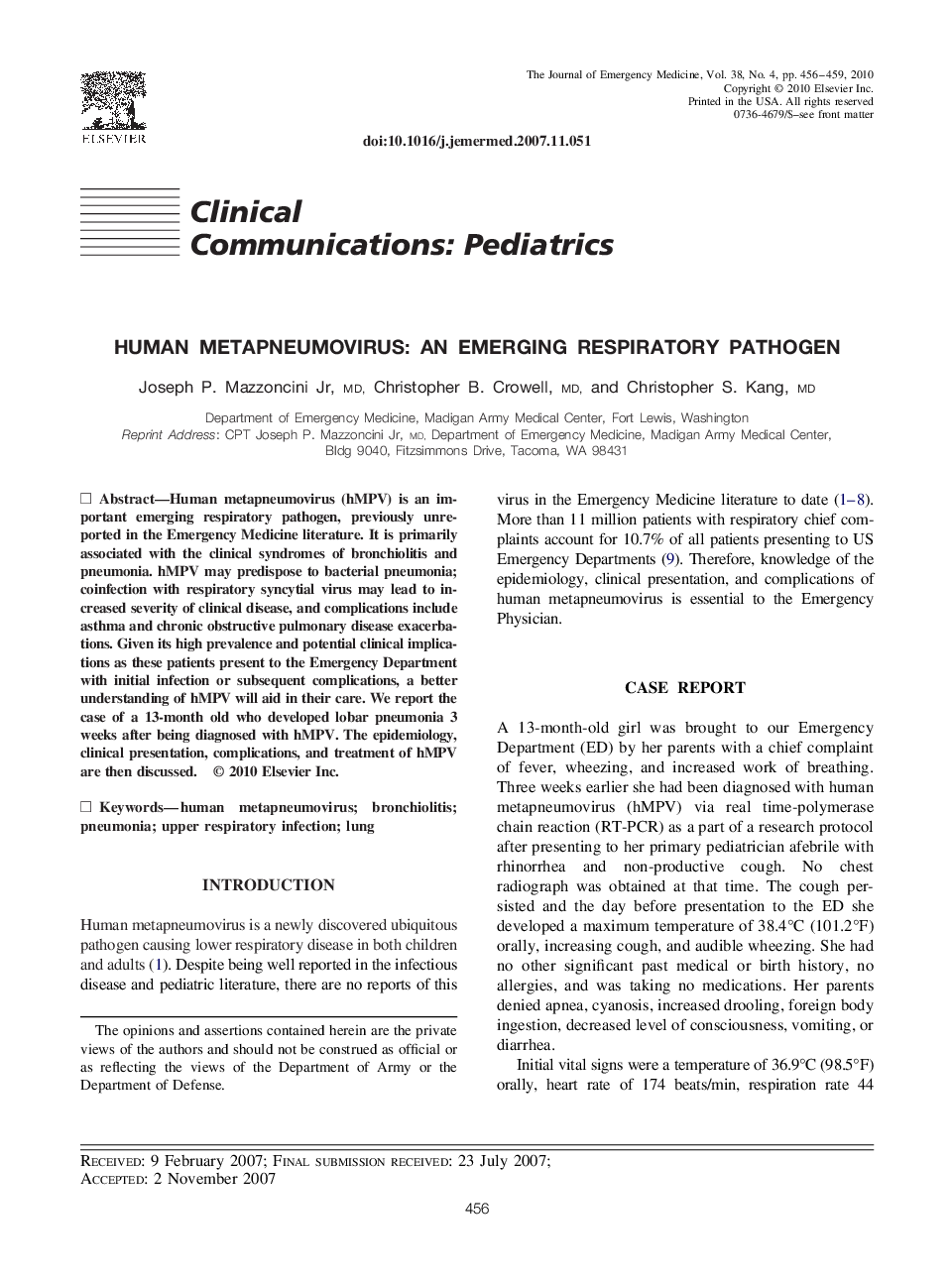 Human Metapneumovirus: An Emerging Respiratory Pathogen 