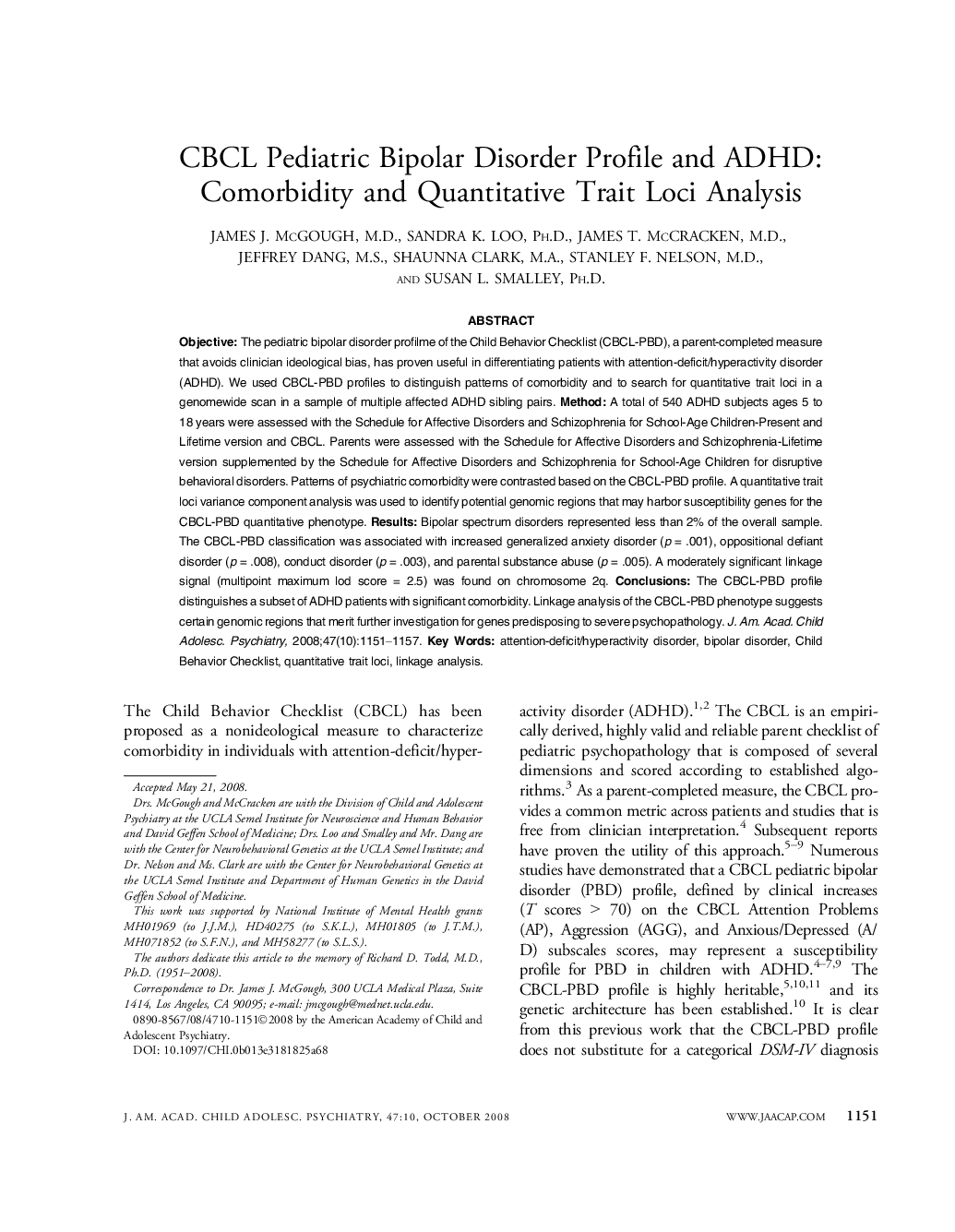 CBCL Pediatric Bipolar Disorder Profile and ADHD: Comorbidity and Quantitative Trait Loci Analysis 