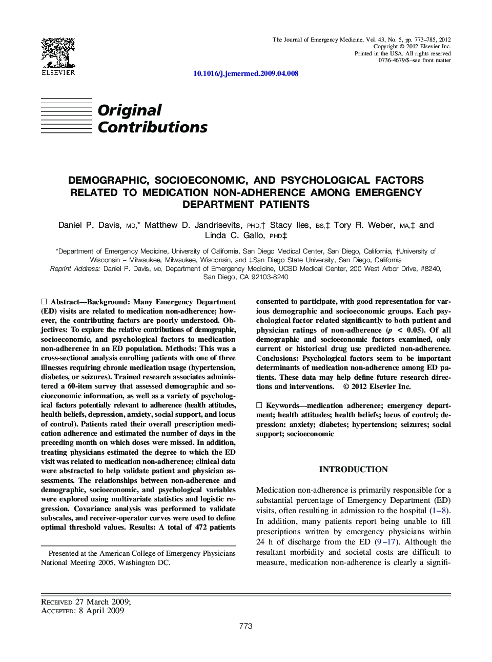عکس صفحه اول مقاله: Demographic, Socioeconomic, and Psychological Factors Related to Medication Non-adherence Among Emergency Department Patients Demographic, Socioeconomic, and Psychological Factors Related to Medication Non-adherence Among Emergency Department Patients