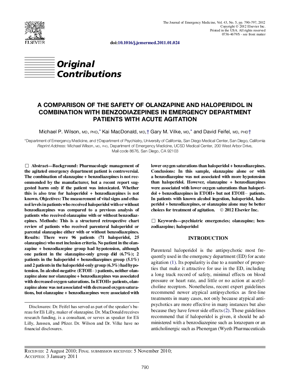 A Comparison of the Safety of Olanzapine and Haloperidol in Combination with Benzodiazepines in Emergency Department Patients with Acute Agitation 