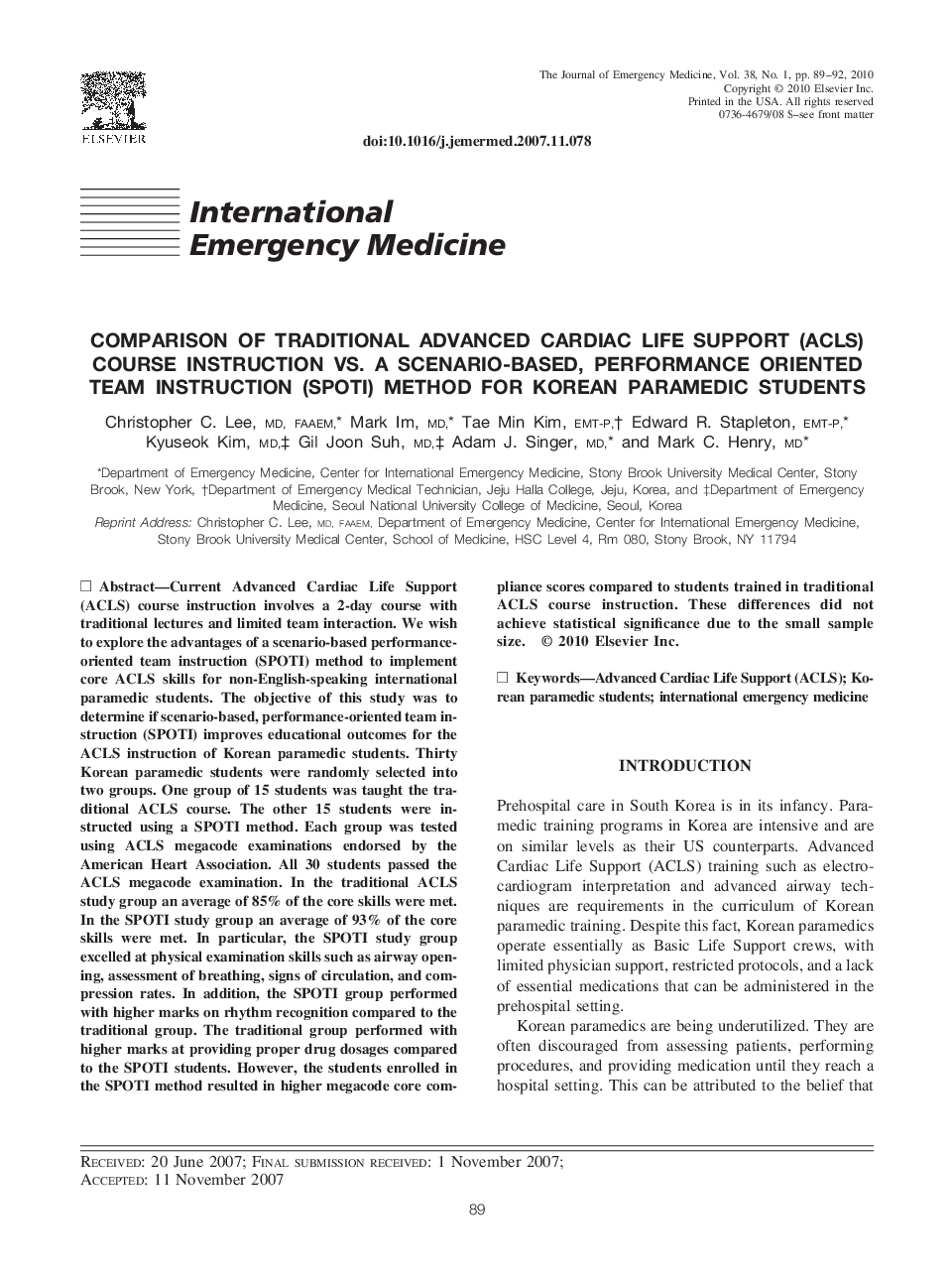 Comparison of Traditional Advanced Cardiac Life Support (ACLS) Course Instruction Vs. a Scenario-Based, Performance Oriented Team Instruction (SPOTI) Method for Korean Paramedic Students