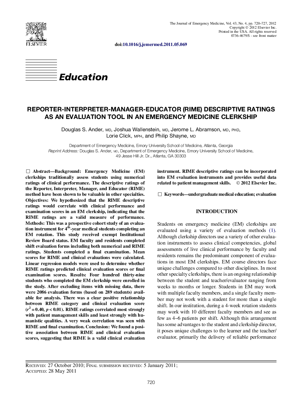 Reporter-Interpreter-Manager-Educator (RIME) Descriptive Ratings as an Evaluation Tool in an Emergency Medicine Clerkship