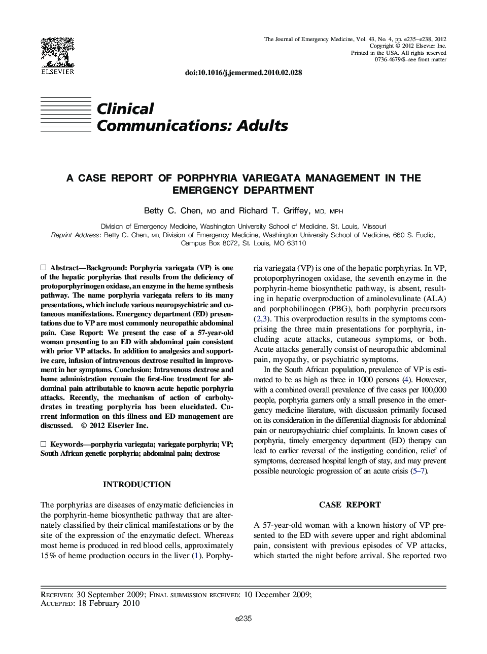 A Case Report of Porphyria Variegata Management in the Emergency Department