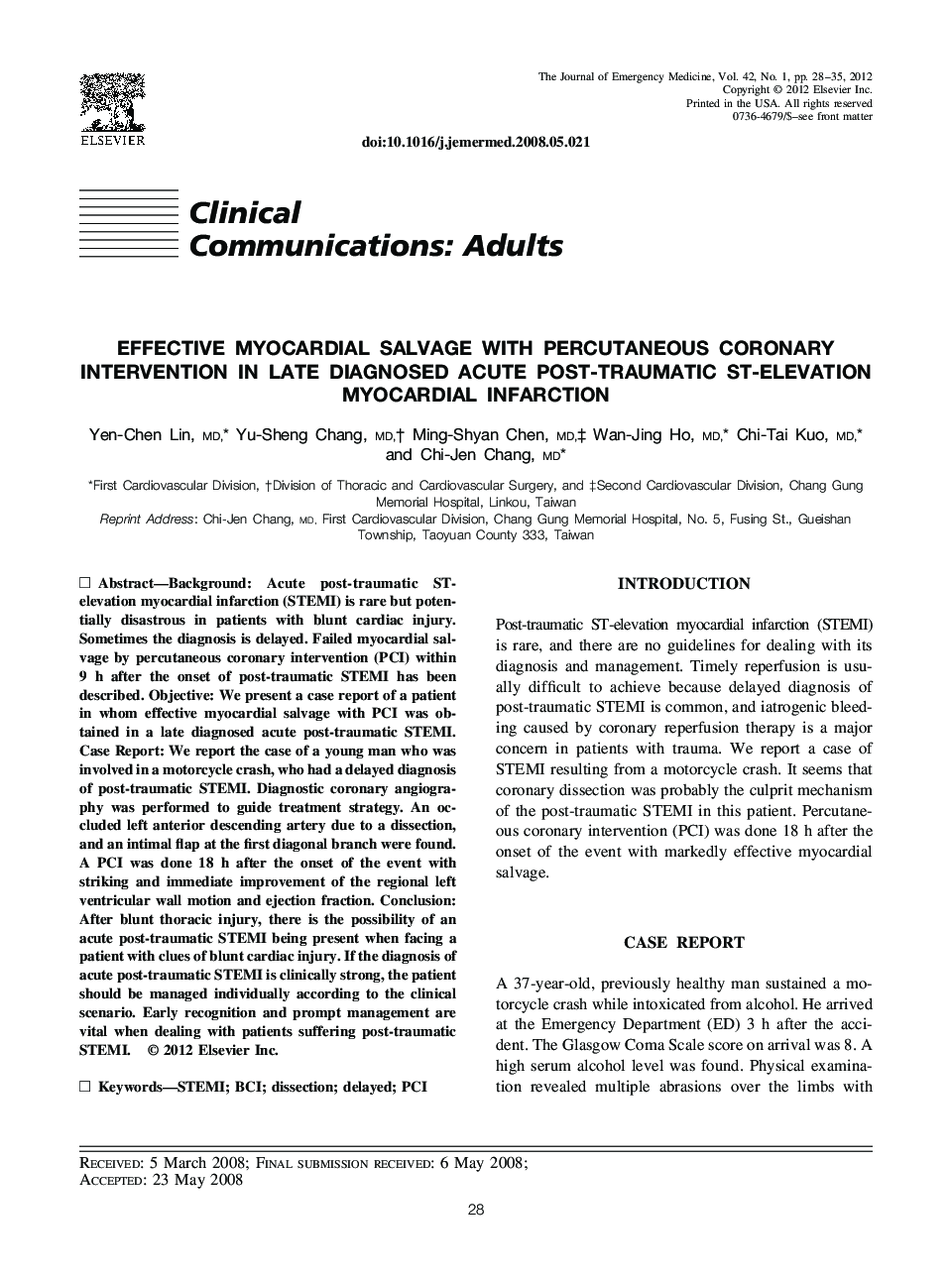 Effective Myocardial Salvage with Percutaneous Coronary Intervention in Late Diagnosed Acute Post-Traumatic ST-Elevation Myocardial Infarction