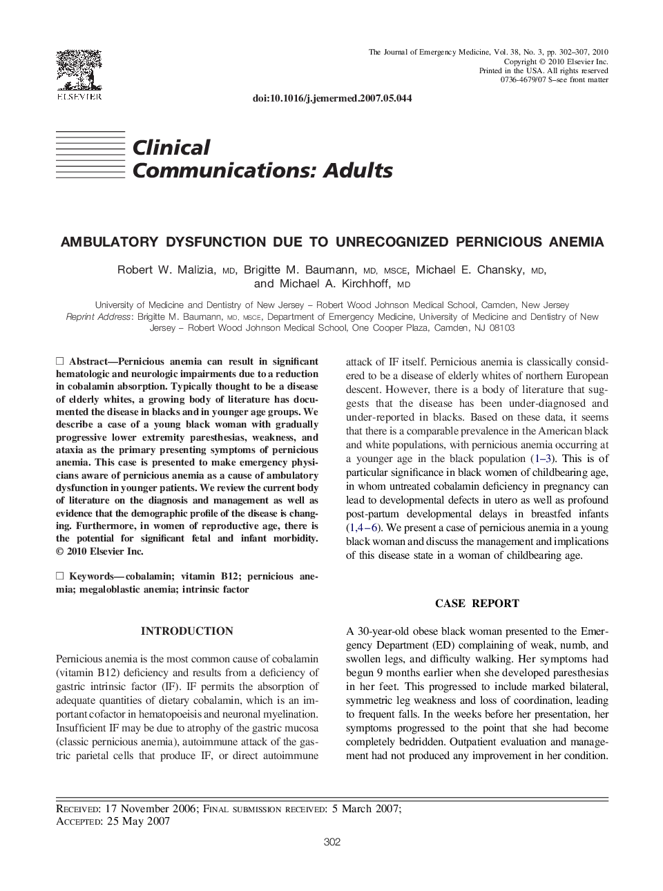 Ambulatory Dysfunction Due to Unrecognized Pernicious Anemia