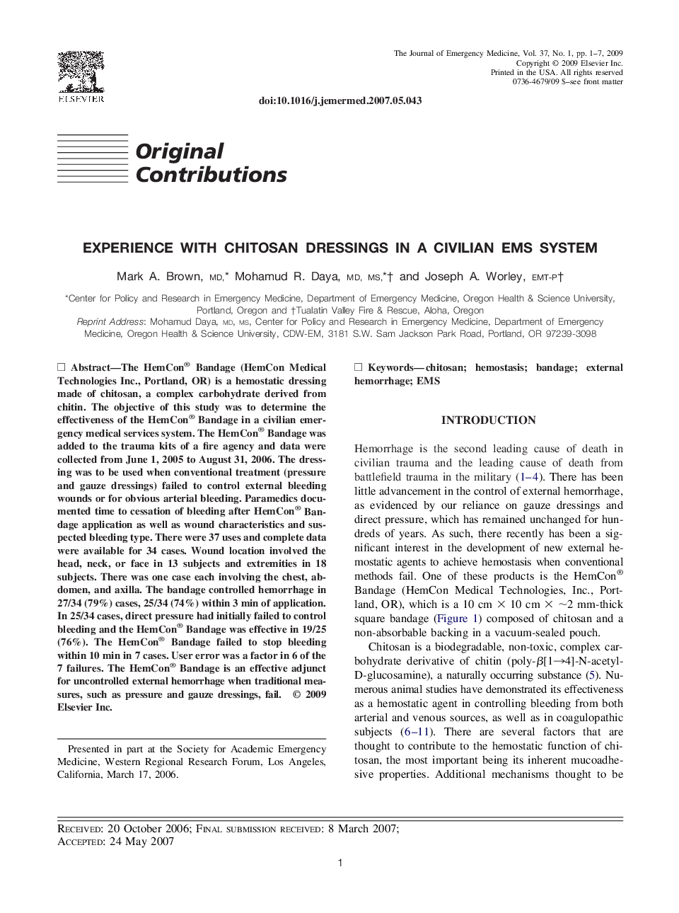 Experience with Chitosan Dressings in a Civilian EMS System