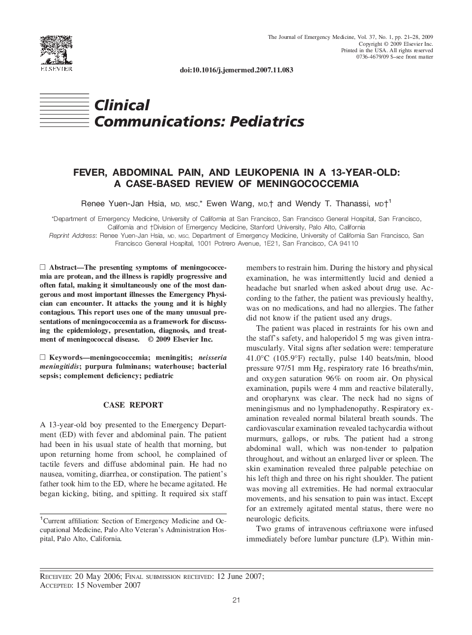 Fever, Abdominal Pain, and Leukopenia in a 13-Year-Old: A Case-Based Review of Meningococcemia