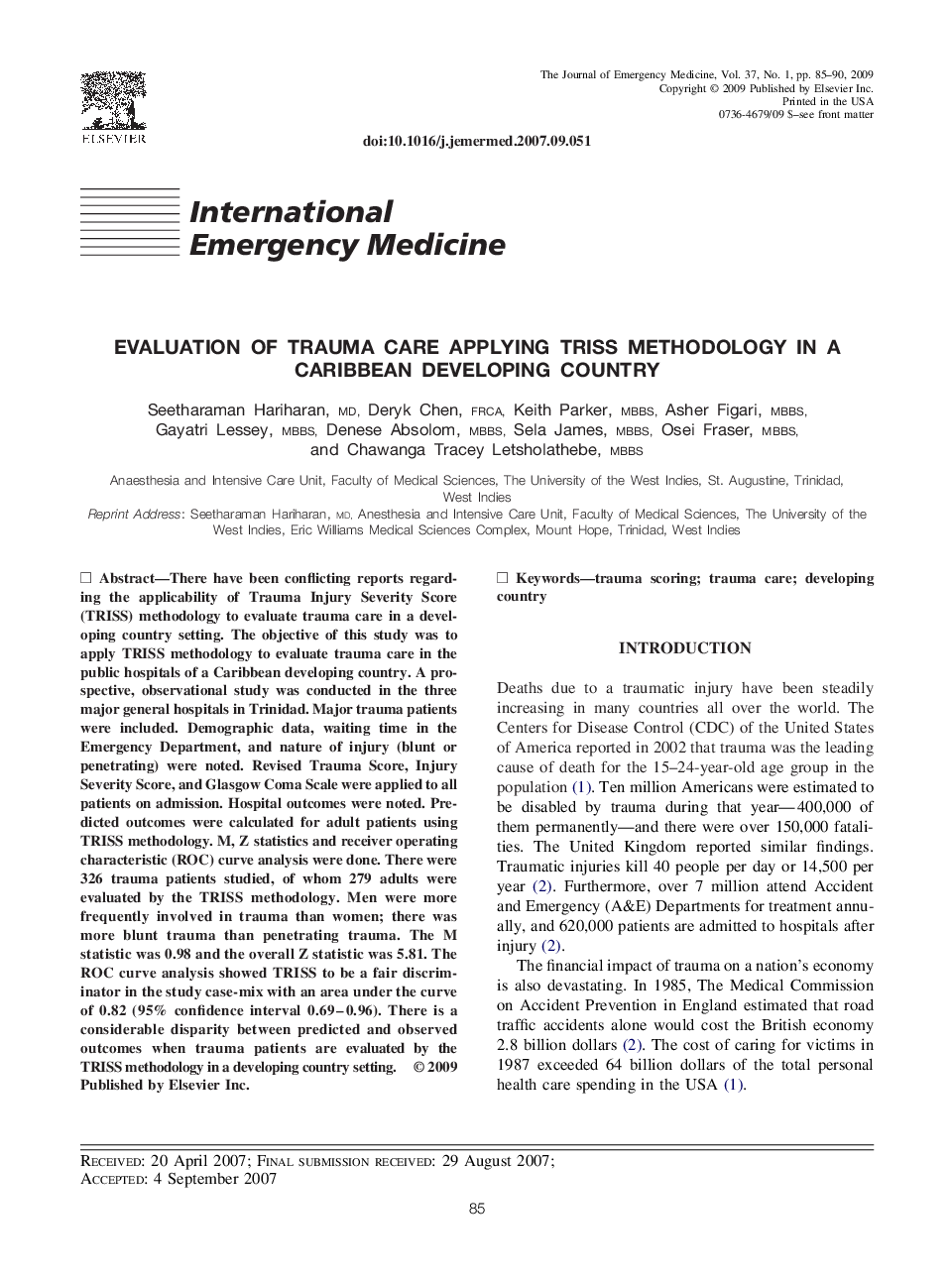 Evaluation of Trauma Care Applying TRISS Methodology in a Caribbean Developing Country