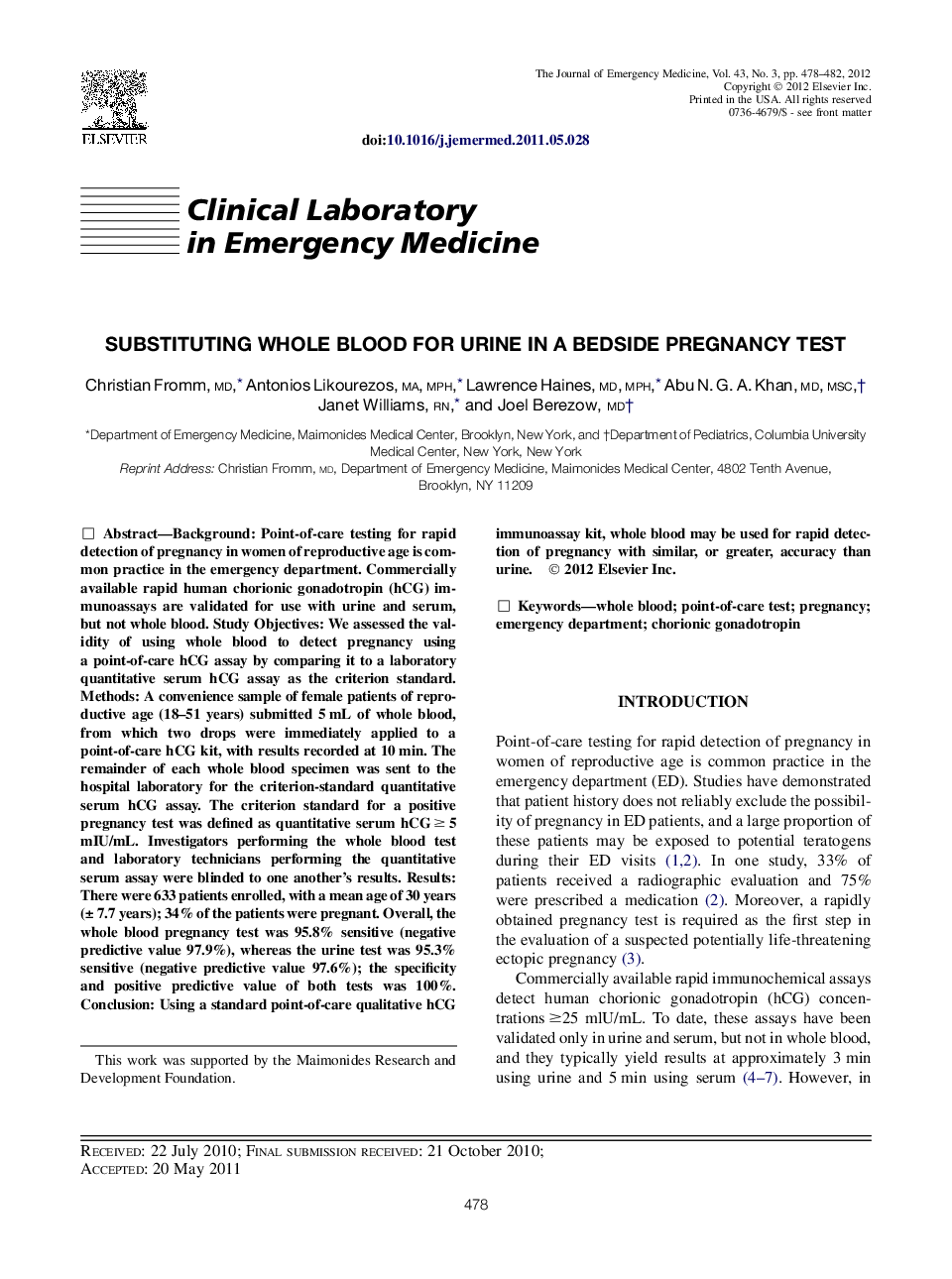 Substituting Whole Blood for Urine in a Bedside Pregnancy Test 