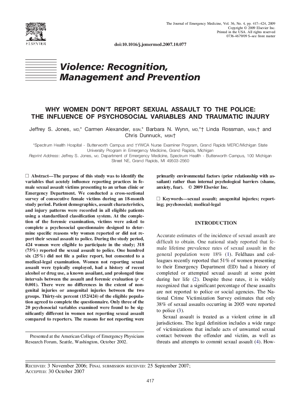 Why Women Don't Report Sexual Assault to the Police: The Influence of Psychosocial Variables and Traumatic Injury