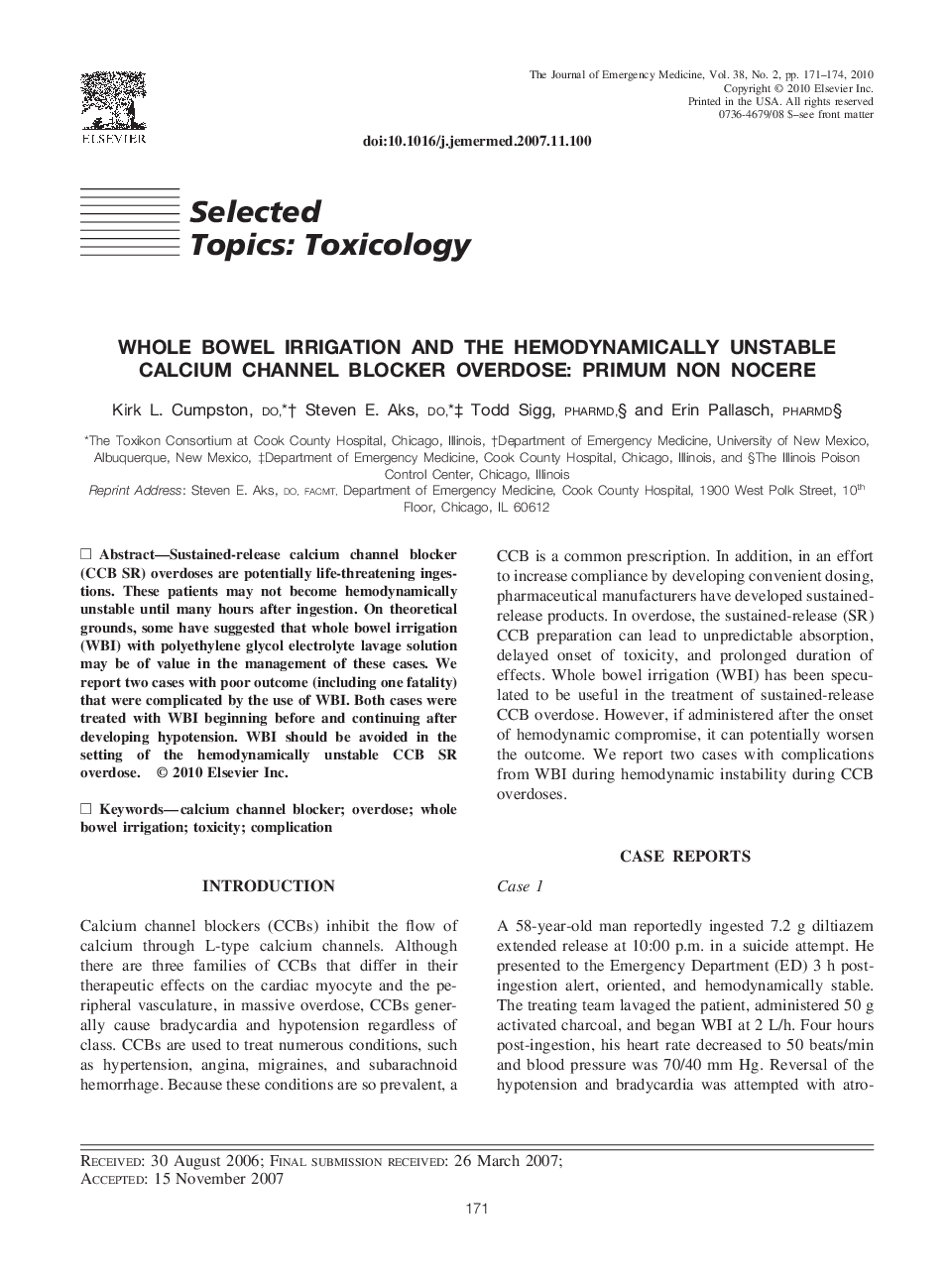 Whole Bowel Irrigation and the Hemodynamically Unstable Calcium Channel Blocker Overdose: Primum Non Nocere