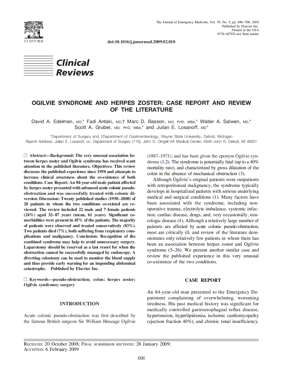 Ogilvie Syndrome and Herpes Zoster: Case Report and Review of the Literature