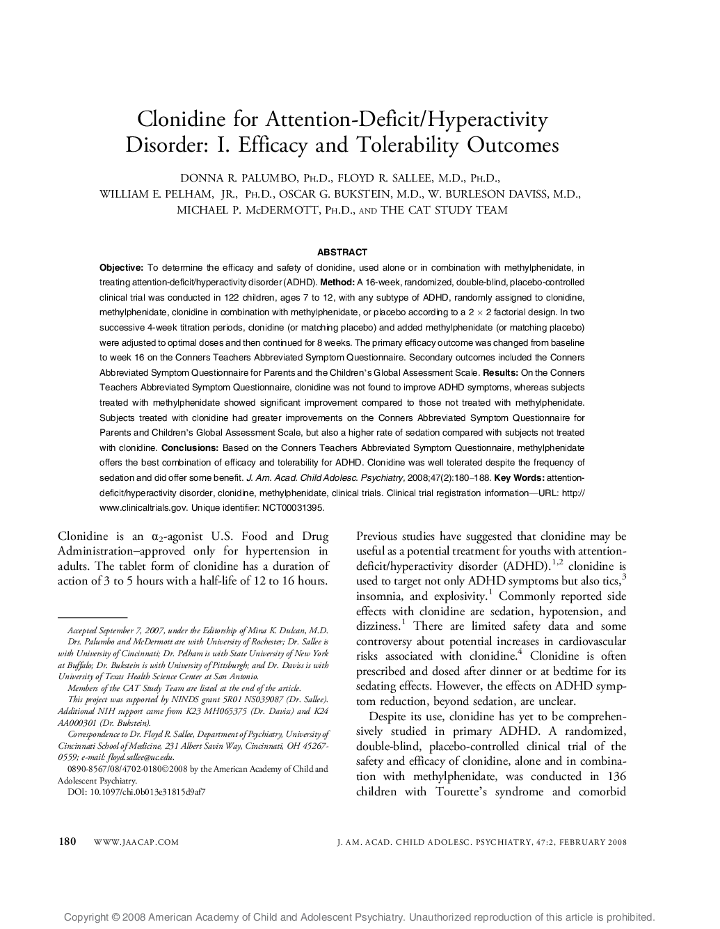 Clonidine for Attention-Deficit/Hyperactivity Disorder: I. Efficacy and Tolerability Outcomes 