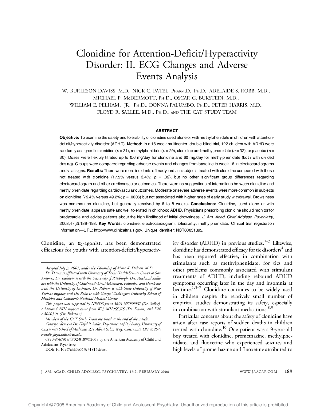 Clonidine for Attention-Deficit/Hyperactivity Disorder: II. ECG Changes and Adverse Events Analysis 