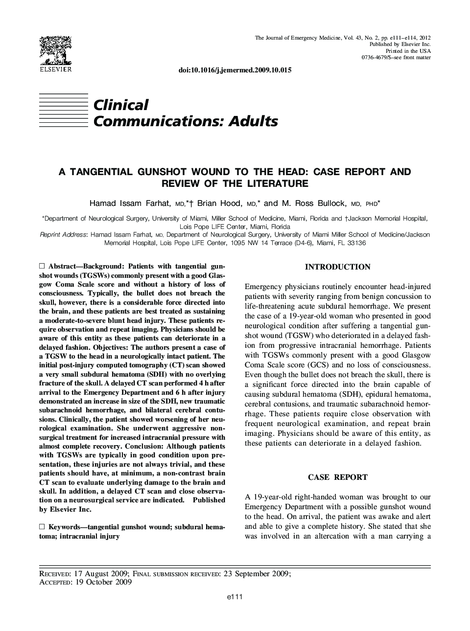 A Tangential Gunshot Wound to the Head: Case Report and Review of the Literature