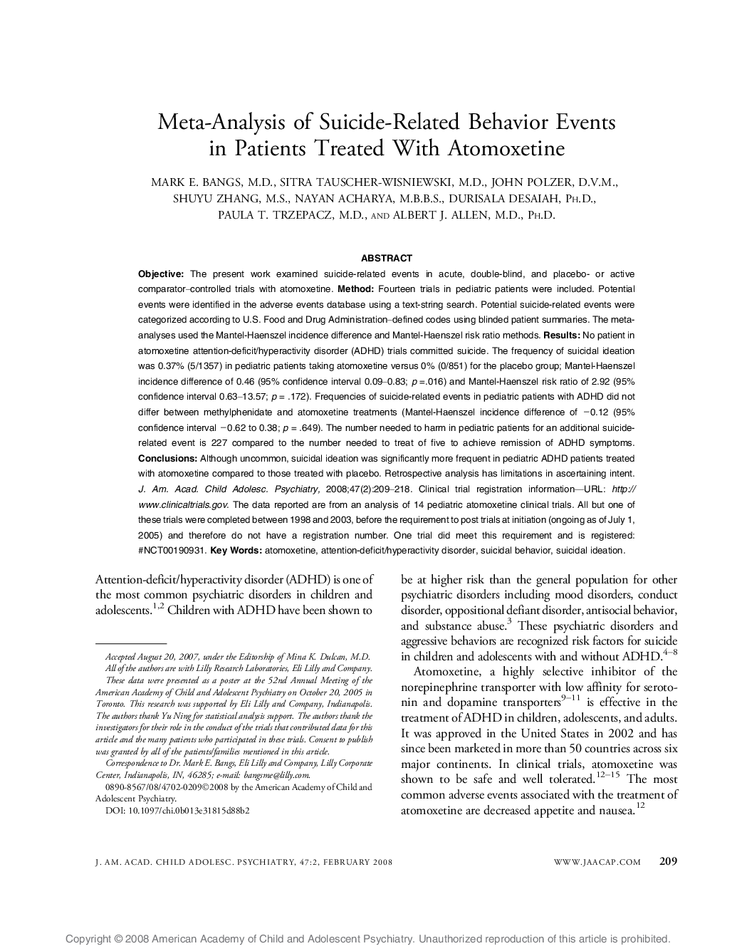 Meta-Analysis of Suicide-Related Behavior Events in Patients Treated With Atomoxetine 