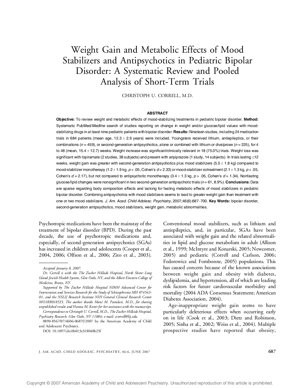 Weight Gain and Metabolic Effects of Mood Stabilizers and Antipsychotics in Pediatric Bipolar Disorder: A Systematic Review and Pooled Analysis of Short-Term Trials 