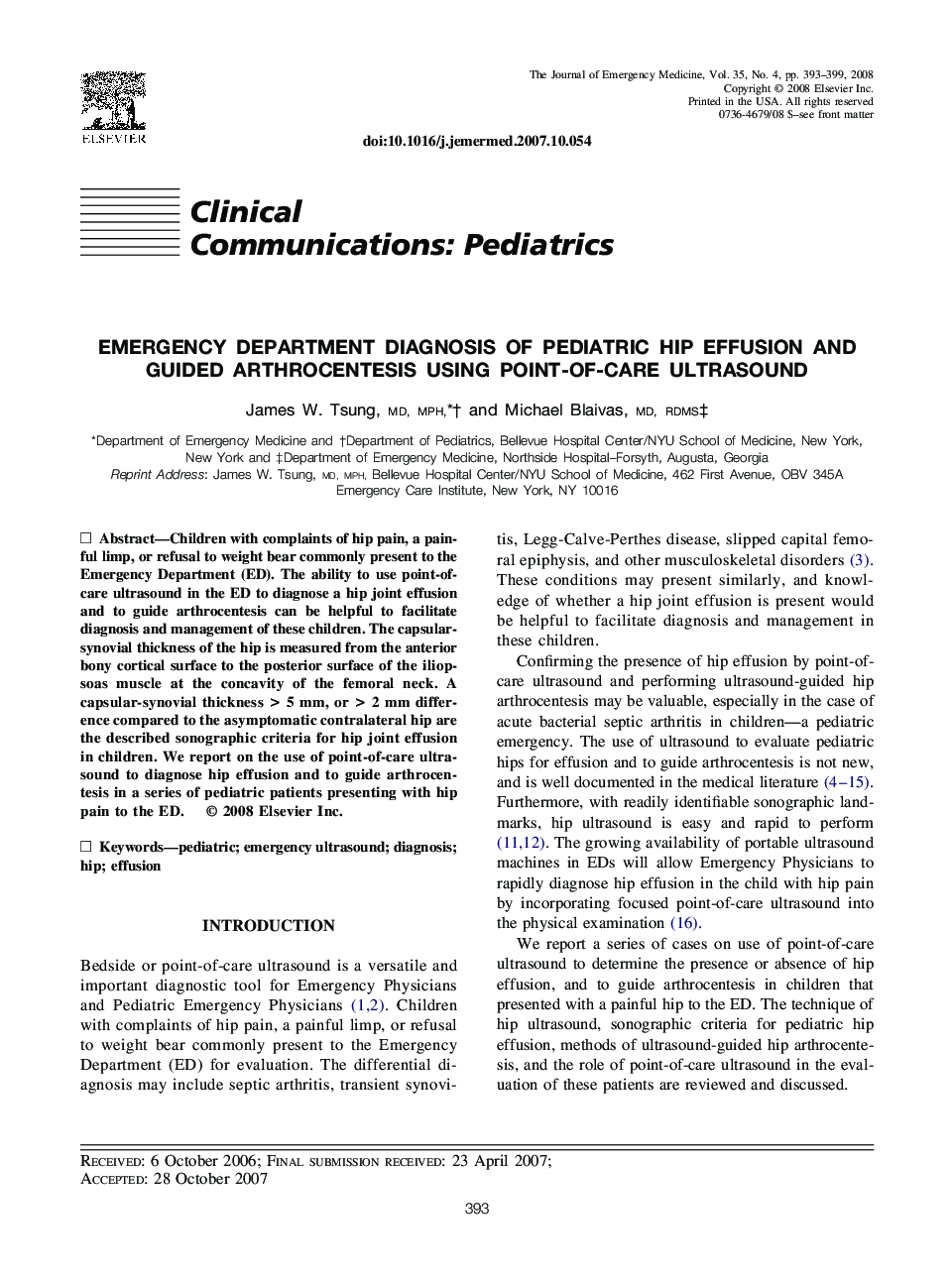 Emergency Department Diagnosis of Pediatric Hip Effusion and Guided Arthrocentesis Using Point-of-Care Ultrasound