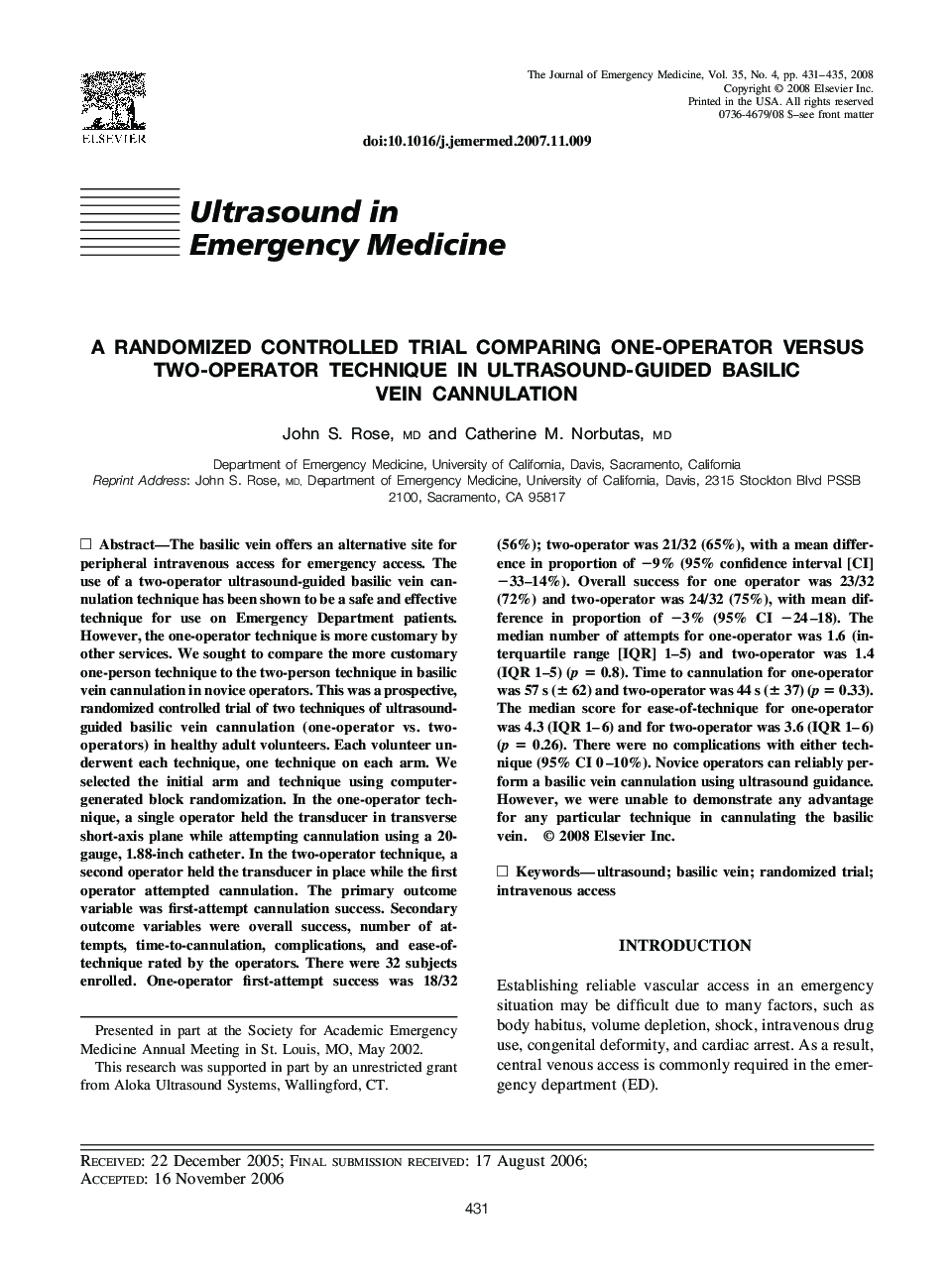 A Randomized Controlled Trial Comparing One-Operator Versus Two-Operator Technique in Ultrasound-Guided Basilic Vein Cannulation 