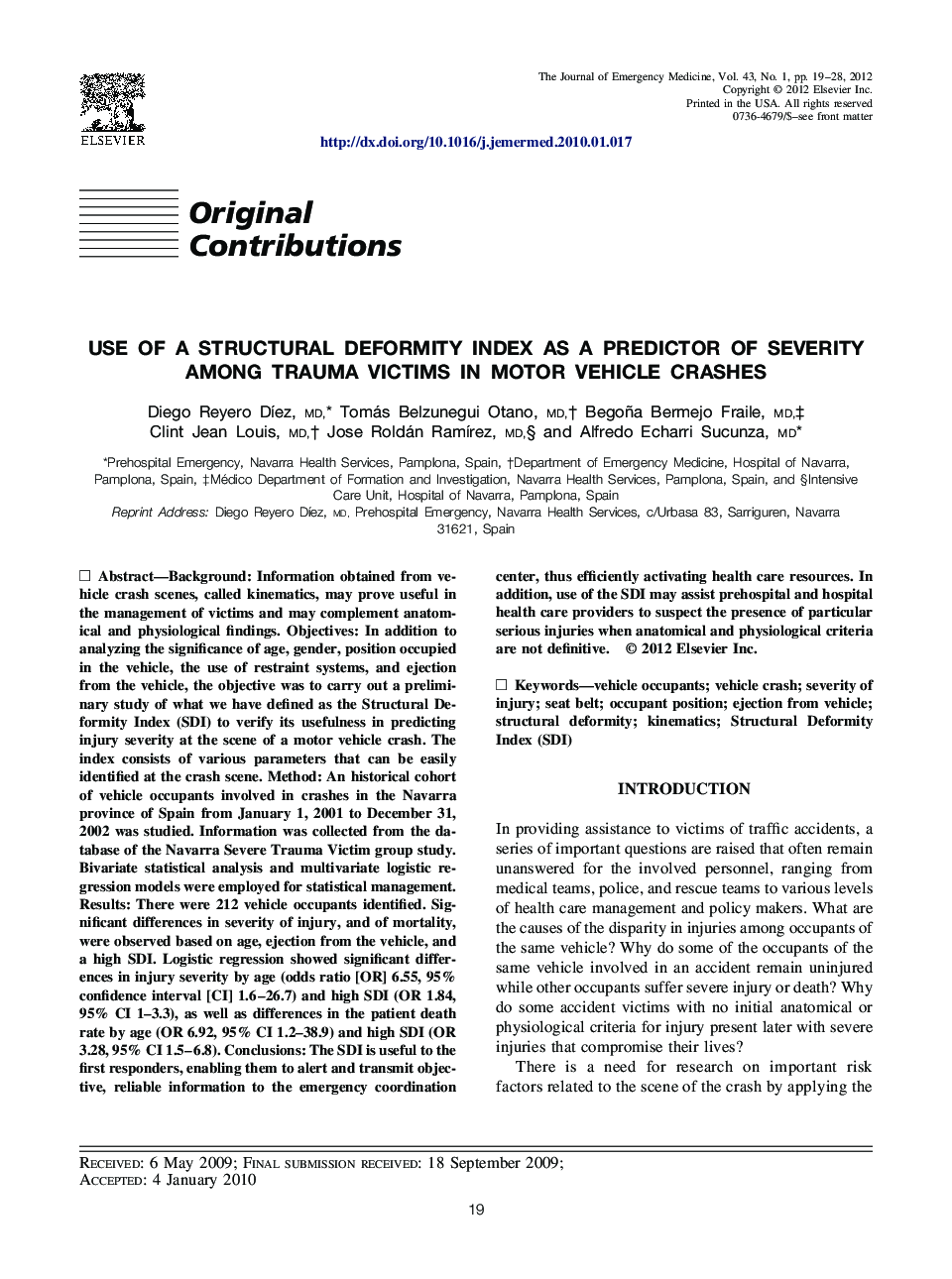 Use of a Structural Deformity Index as a Predictor of Severity Among Trauma Victims in Motor Vehicle Crashes