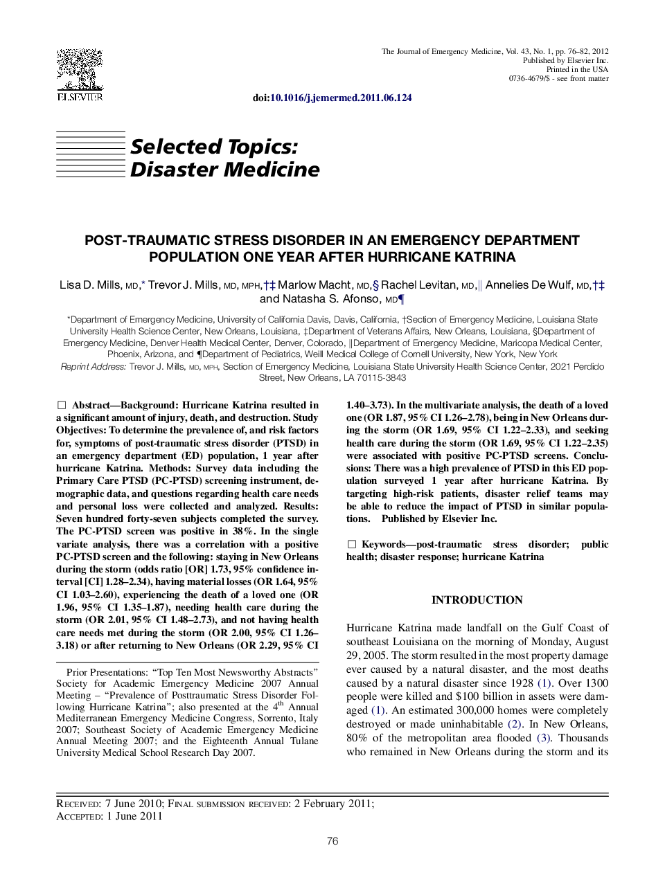 Post-traumatic Stress Disorder in an Emergency Department Population One Year after Hurricane Katrina