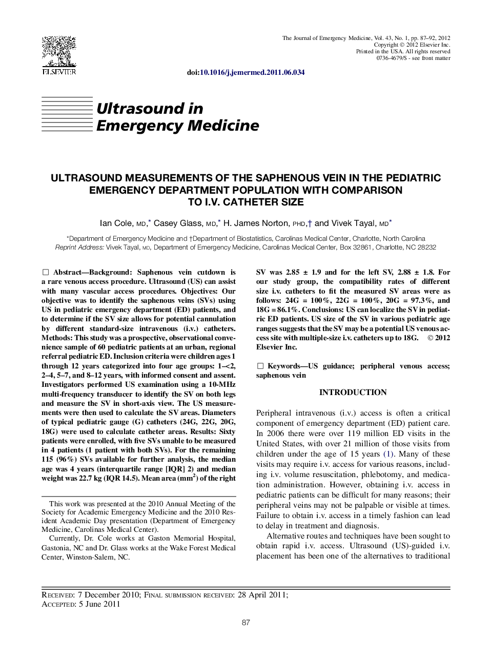 Ultrasound Measurements of the Saphenous Vein in the Pediatric Emergency Department Population with Comparison to i.v. Catheter Size 