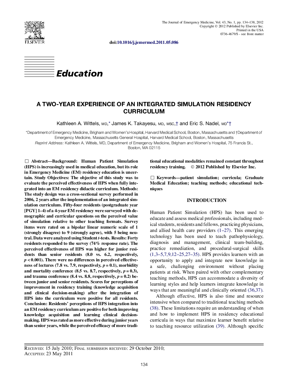 A Two-Year Experience of an Integrated Simulation Residency Curriculum