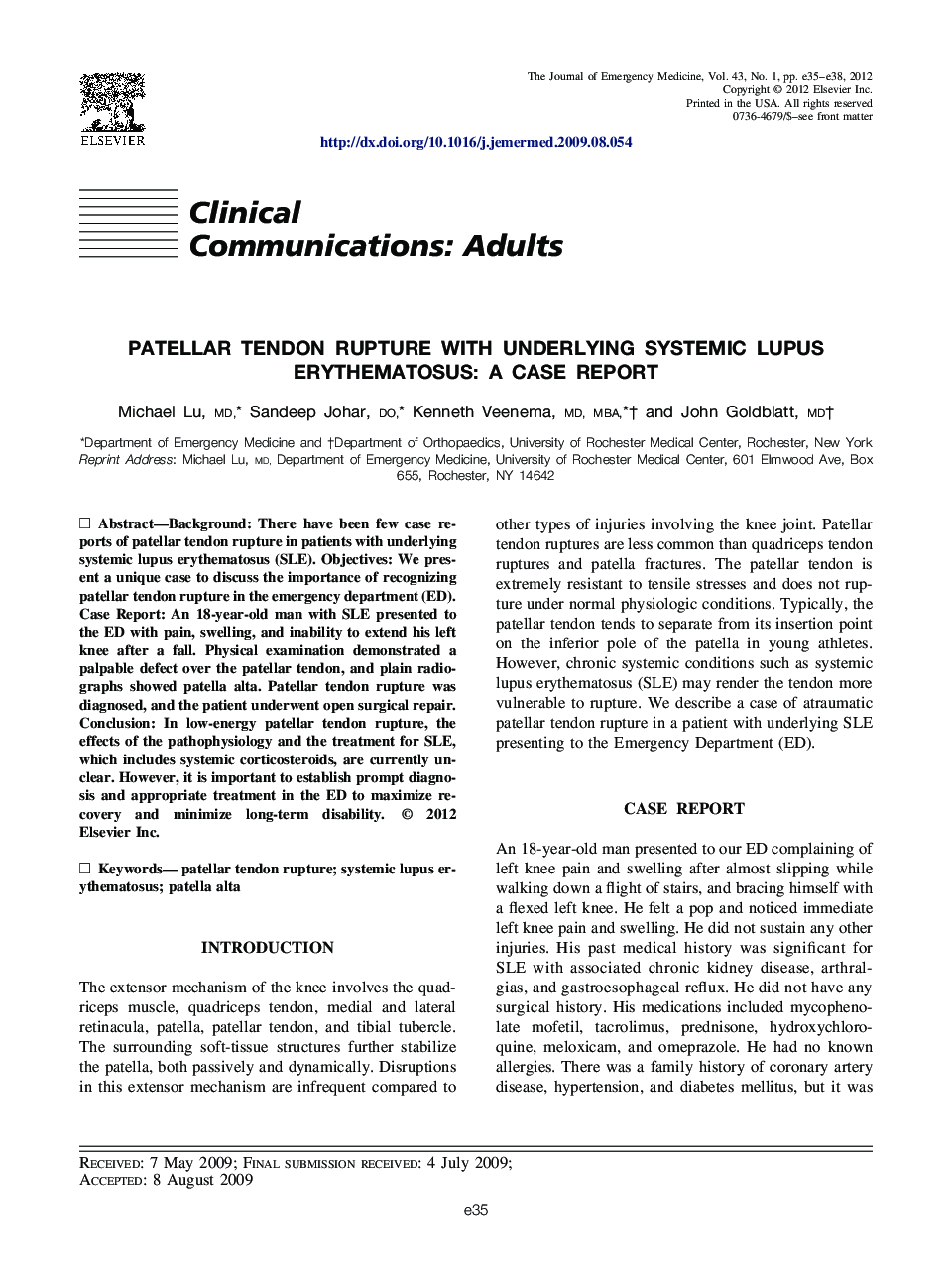 Patellar Tendon Rupture with Underlying Systemic Lupus Erythematosus: A Case Report