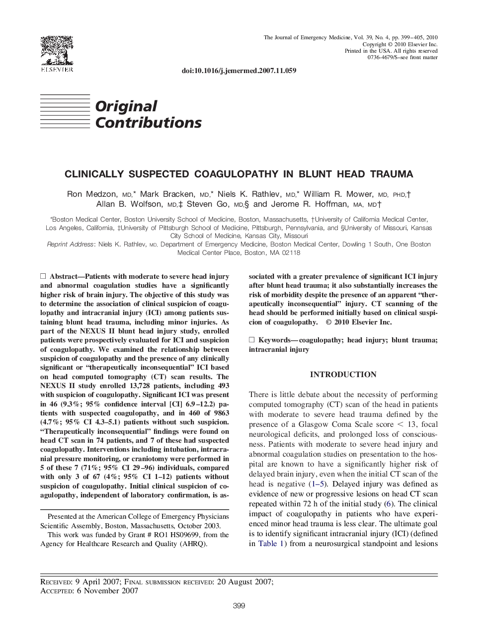 Clinically Suspected Coagulopathy in Blunt Head Trauma 