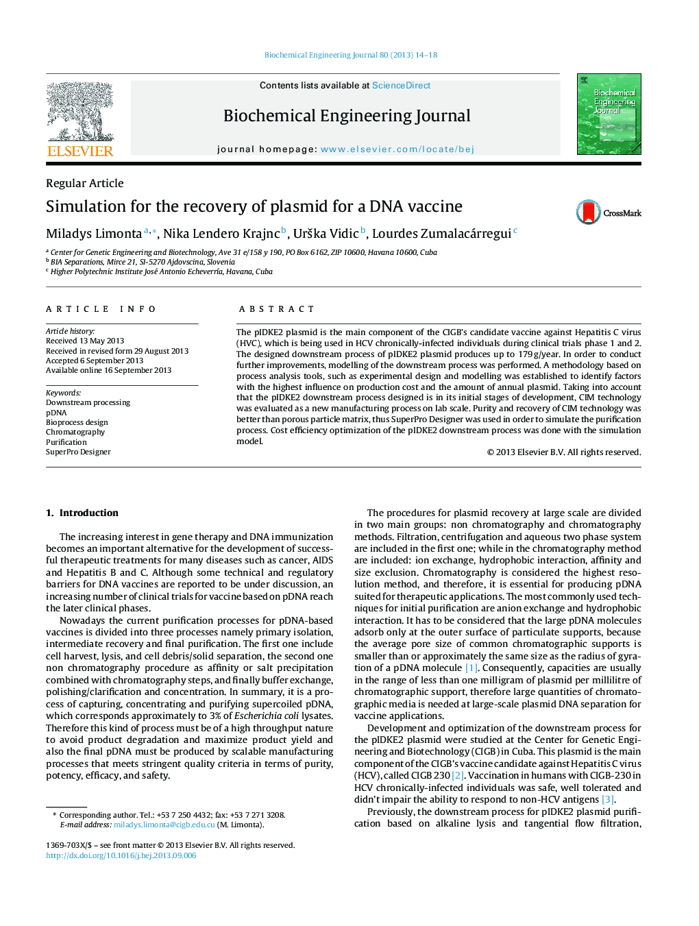 Simulation for the recovery of plasmid for a DNA vaccine