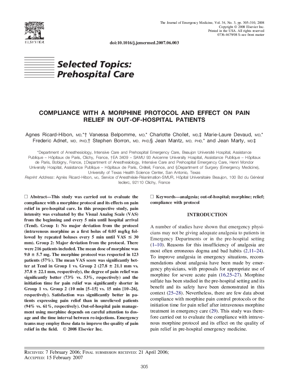 Compliance with a Morphine Protocol and Effect on Pain Relief in Out-of-Hospital Patients