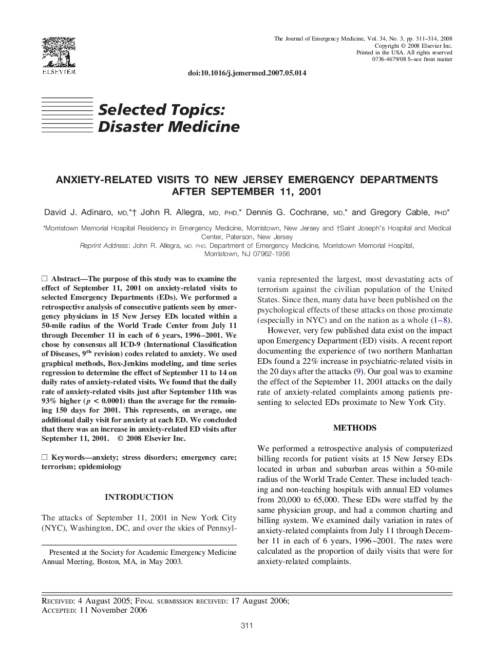 Anxiety-related Visits to New Jersey Emergency Departments After September 11, 2001