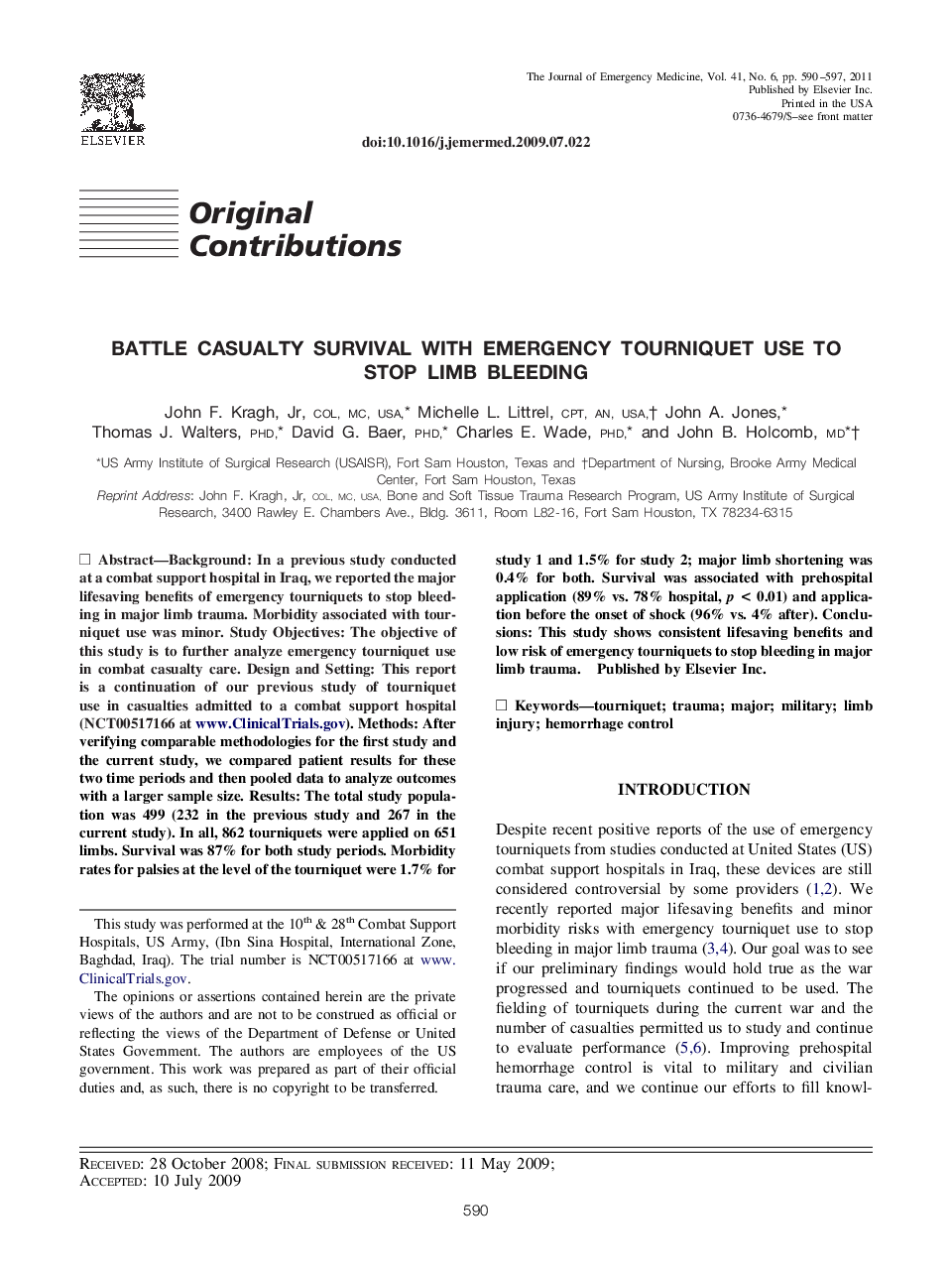 Battle Casualty Survival with Emergency Tourniquet Use to Stop Limb Bleeding 