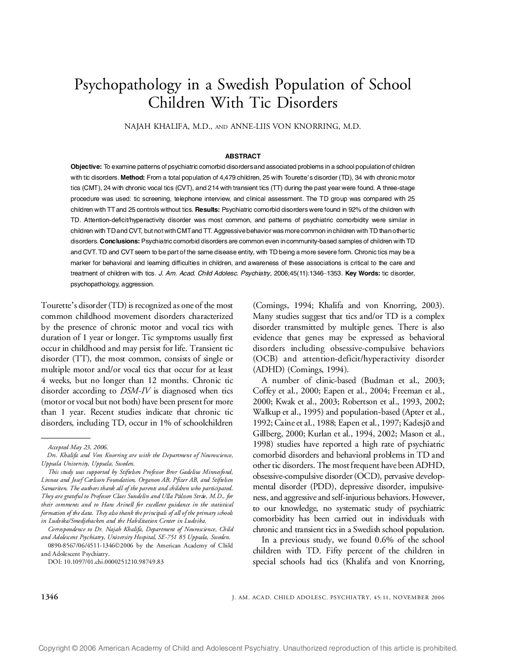 Psychopathology in a Swedish Population of School Children With Tic Disorders 