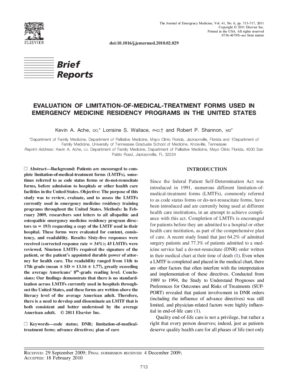 Evaluation of Limitation-of-Medical-Treatment Forms Used in Emergency Medicine Residency Programs in the United States