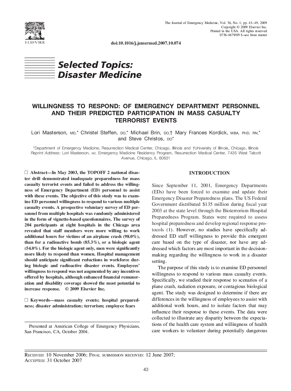 Willingness to Respond: Of Emergency Department Personnel and Their Predicted Participation in Mass Casualty Terrorist Events