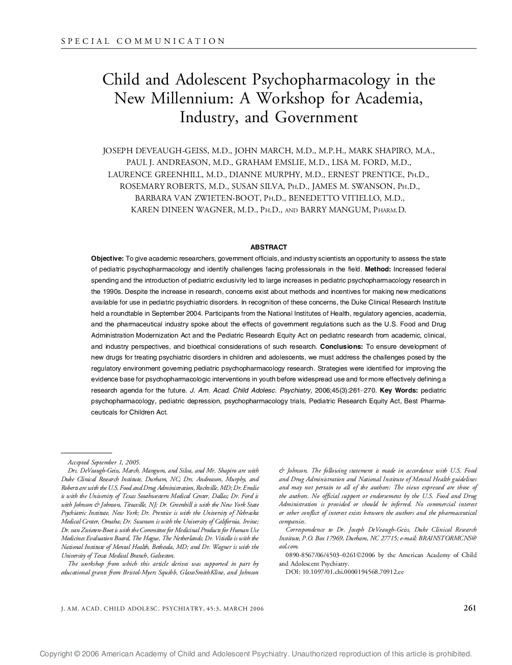 Child and Adolescent Psychopharmacology in the New Millennium: A Workshop for Academia, Industry, and Government 