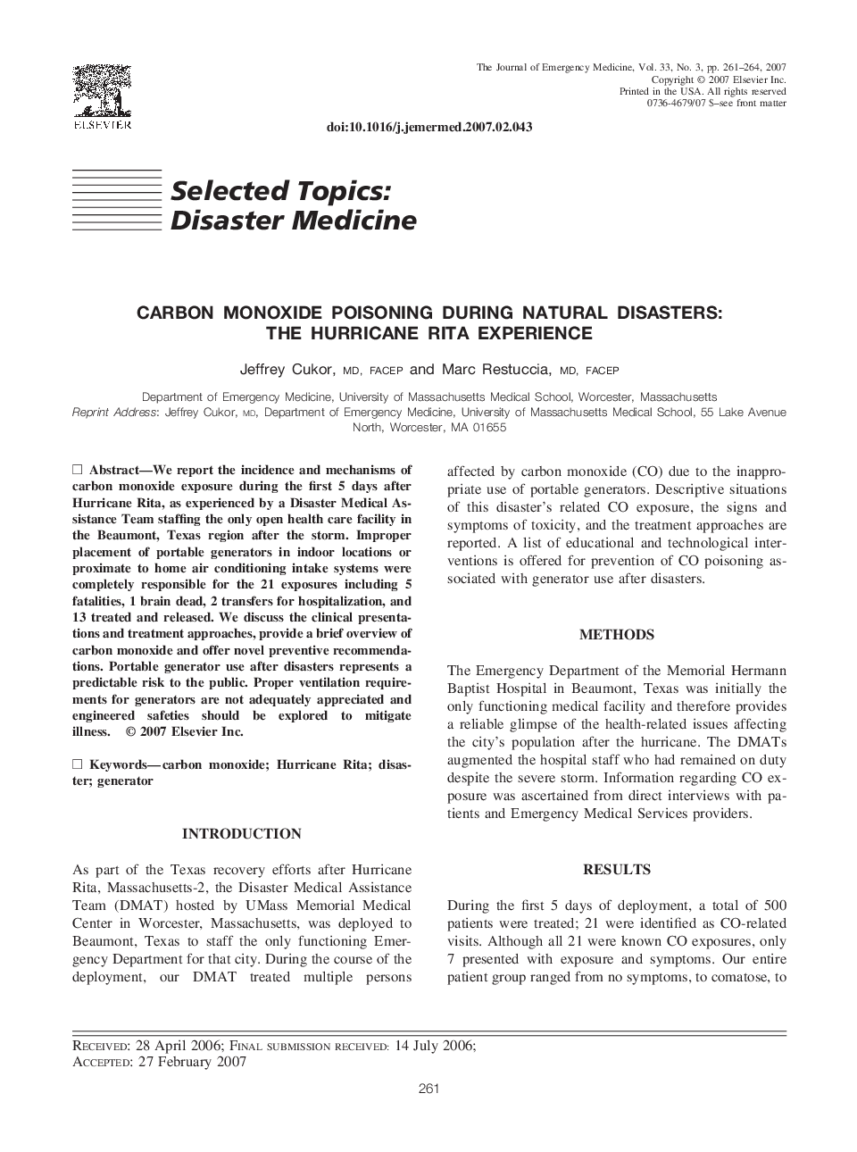 Carbon Monoxide Poisoning During Natural Disasters: The Hurricane Rita Experience