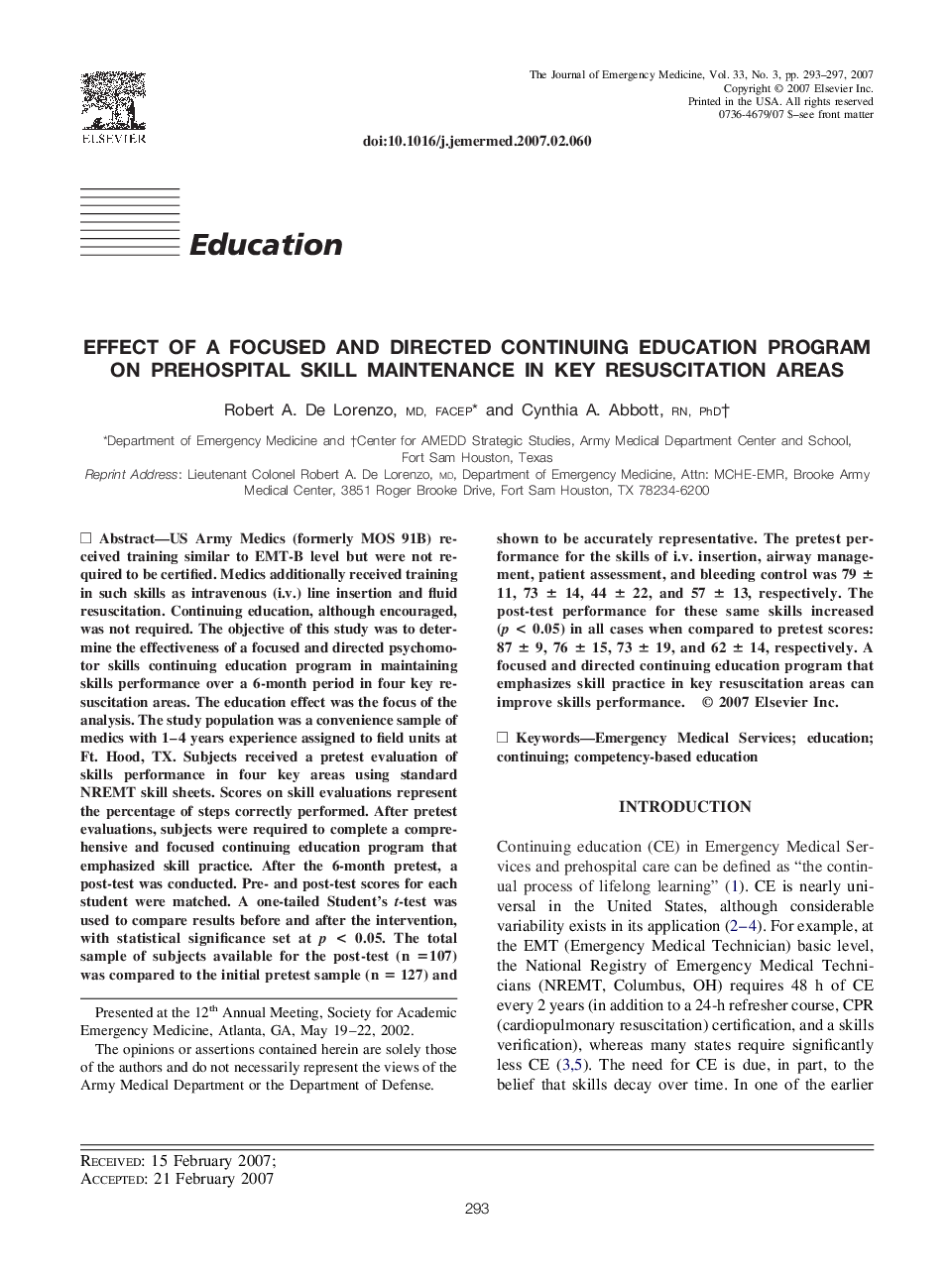 Effect of a Focused and Directed Continuing Education Program on Prehospital Skill Maintenance in Key Resuscitation Areas 