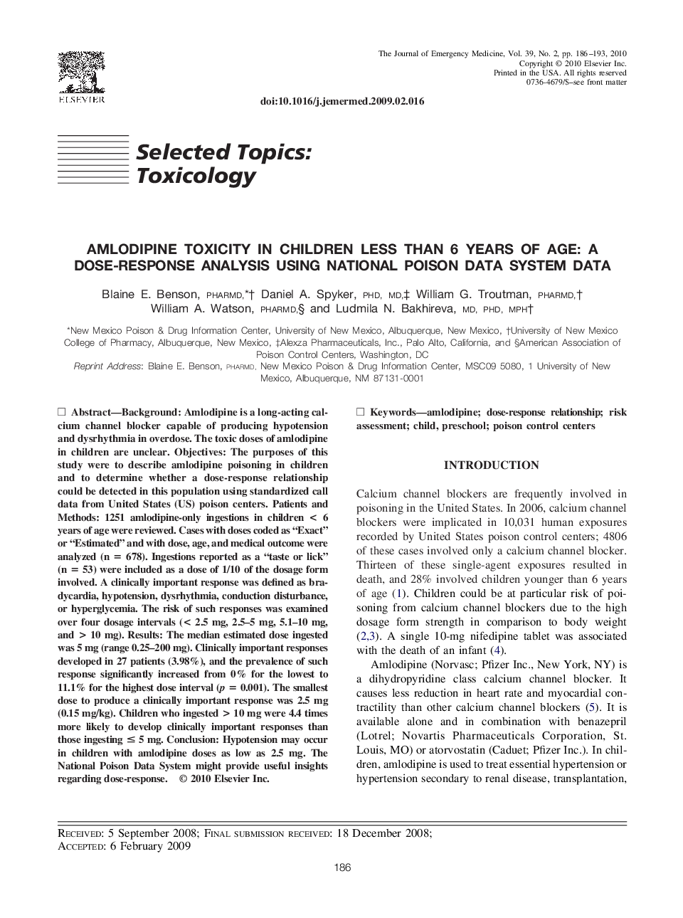 Amlodipine Toxicity in Children Less Than 6 Years of Age: A Dose-Response Analysis Using National Poison Data System Data