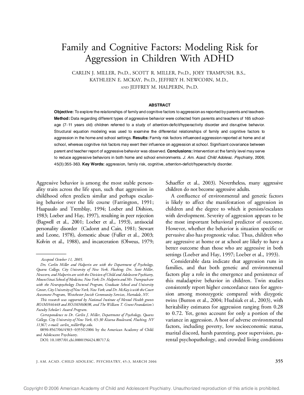 Family and Cognitive Factors: Modeling Risk for Aggression in Children With ADHD 