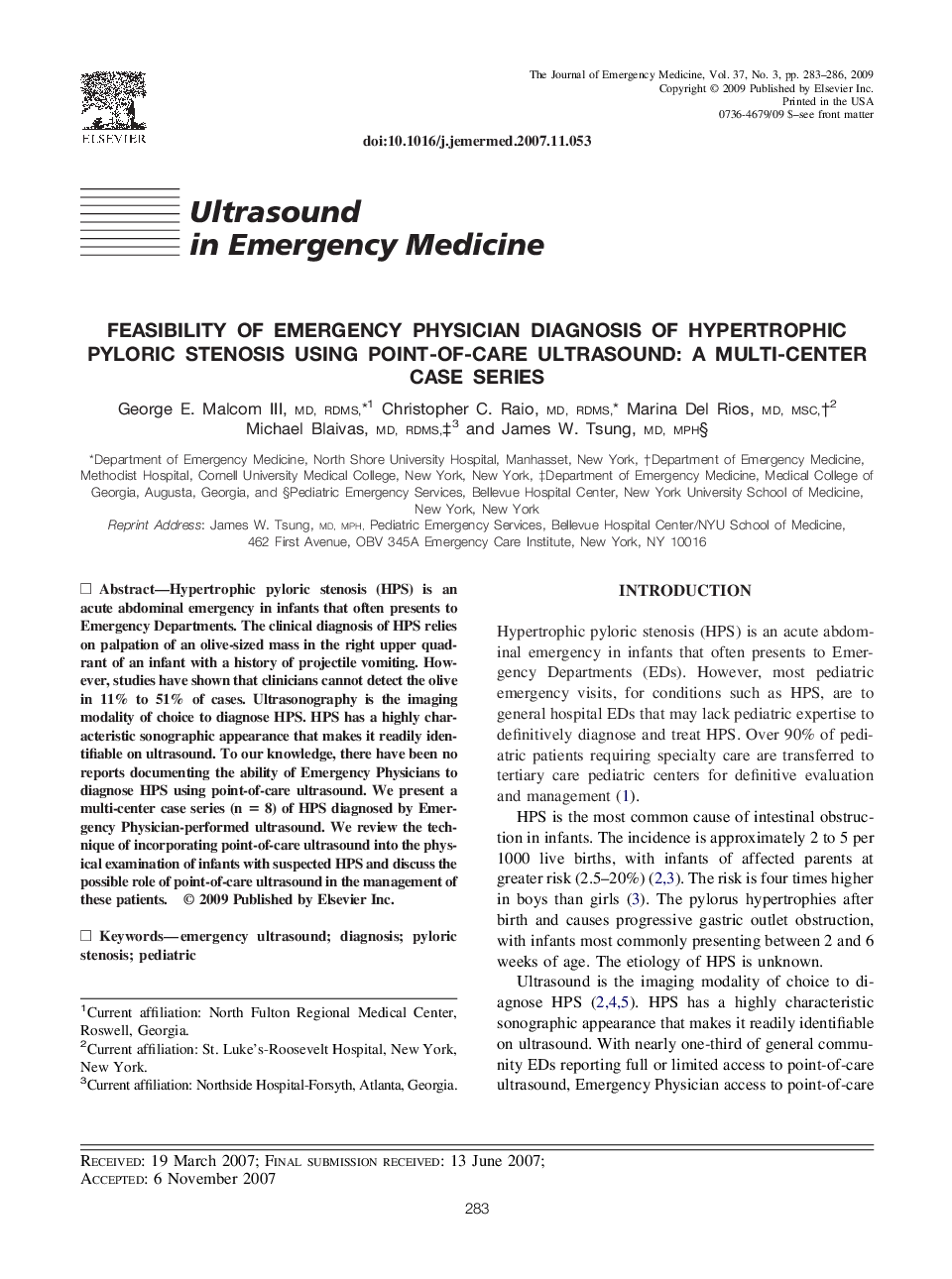 Feasibility of Emergency Physician Diagnosis of Hypertrophic Pyloric Stenosis Using Point-of-Care Ultrasound: A Multi-Center Case Series