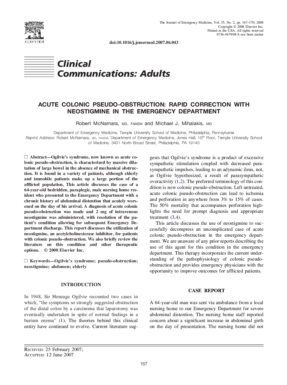 Acute Colonic Pseudo-Obstruction: Rapid Correction with Neostigmine in the Emergency Department