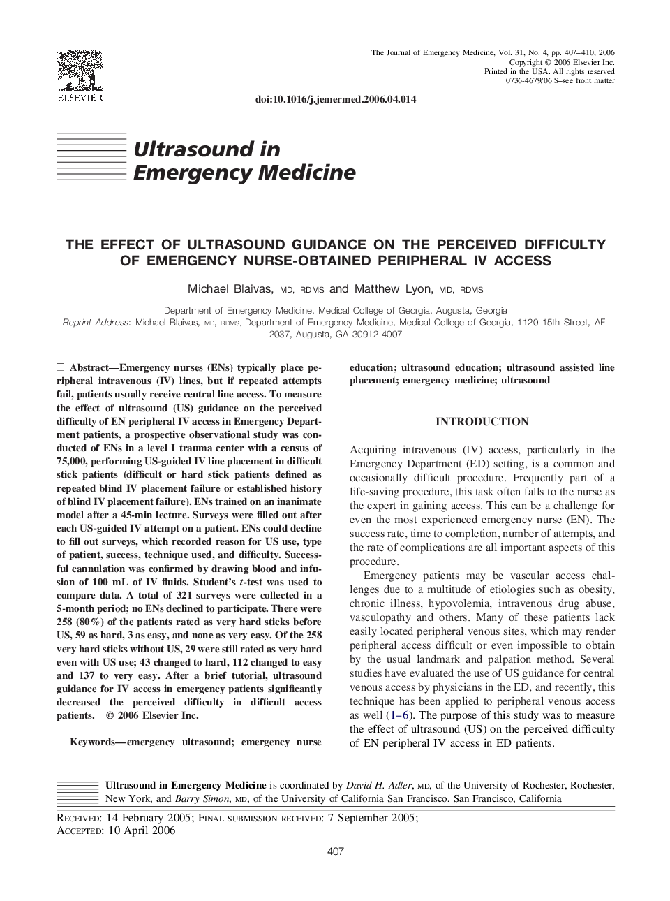 The effect of ultrasound guidance on the perceived difficulty of emergency nurse-obtained peripheral IV access 