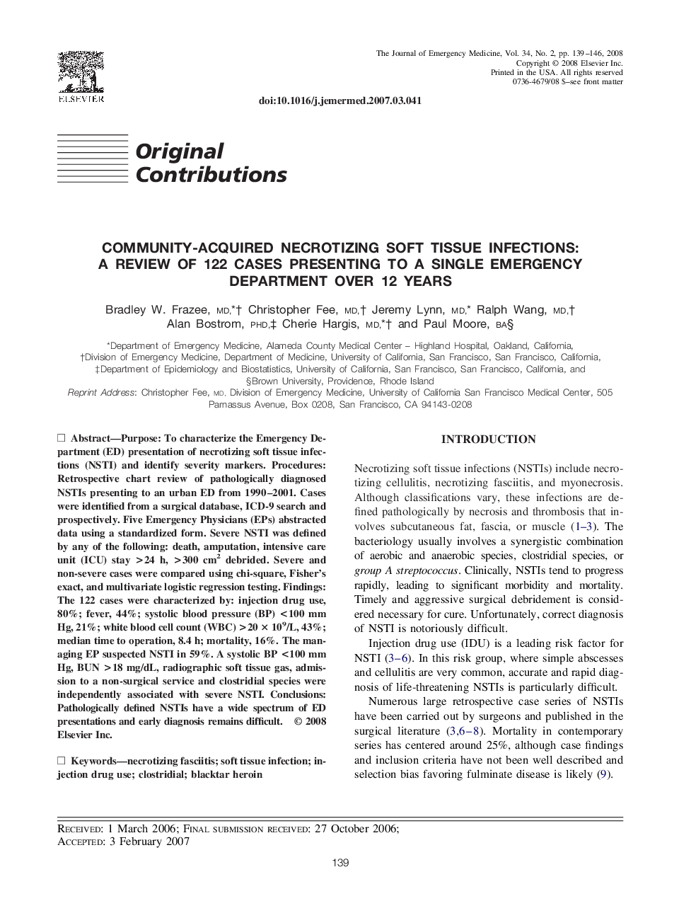 Community-Acquired Necrotizing Soft Tissue Infections: A Review of 122 Cases Presenting to a Single Emergency Department Over 12 Years